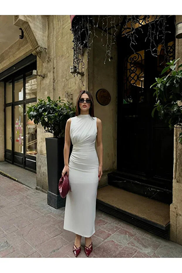 Sıfır Kol Yırtmaç Detaylı Kalem Form Astarlı Sandy Elbise - 2