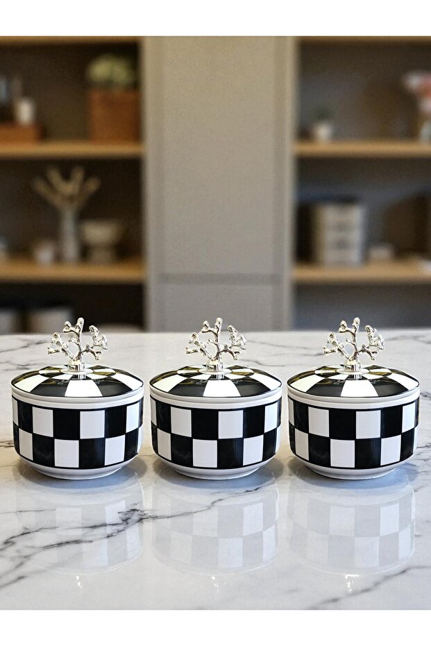 Kitchen Accessory 3-Piece Breakfast Storage Container Spice Rack Sugar Bowl Black Checkered Silver - Feray Home