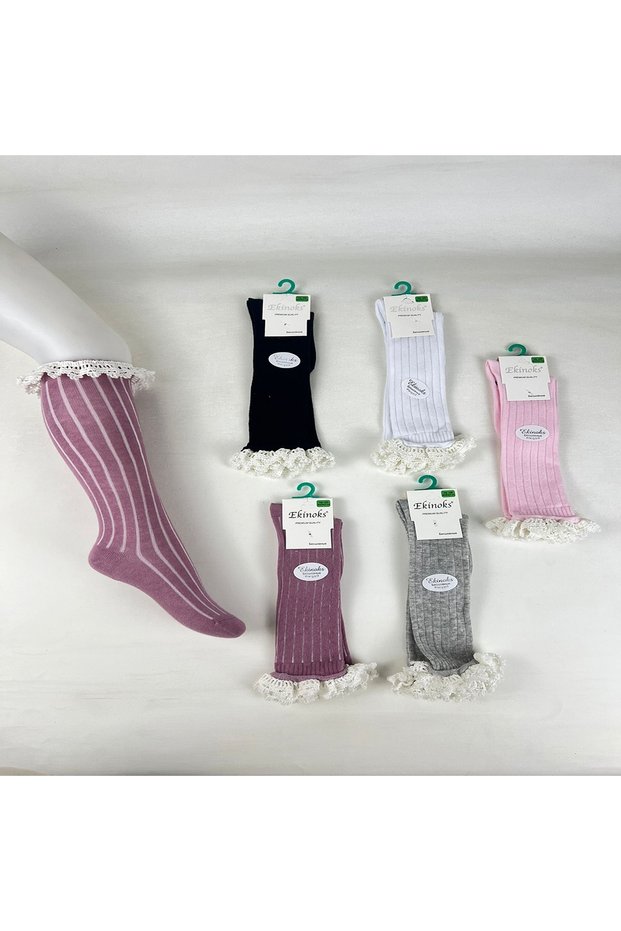 6-Piece Lace Detailed Stitch-Free Girls' Knee-High Socks Purple, Gray, White, Pink, Cream, Black