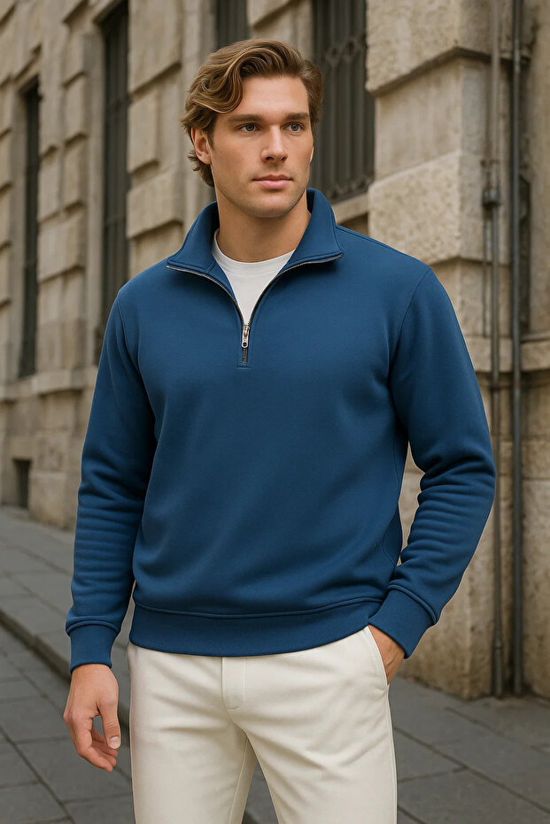 Men's Basic Blue Half Zip Sweatshirt - 1