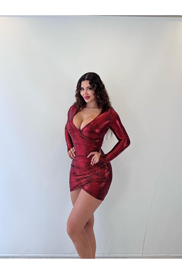 Red Par.Lame Sand Double-Breasted Long Sleeve Mini Dress