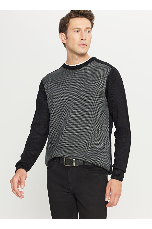 Crew Neck Standard Black - Gray Men's Sweater Ace049261478_Syg