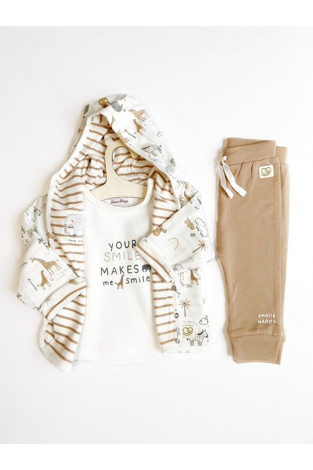 Boys’ Outfit Set – White Reversible Jacket, White Half Sleeve T-Shirt & Nude Full Pants