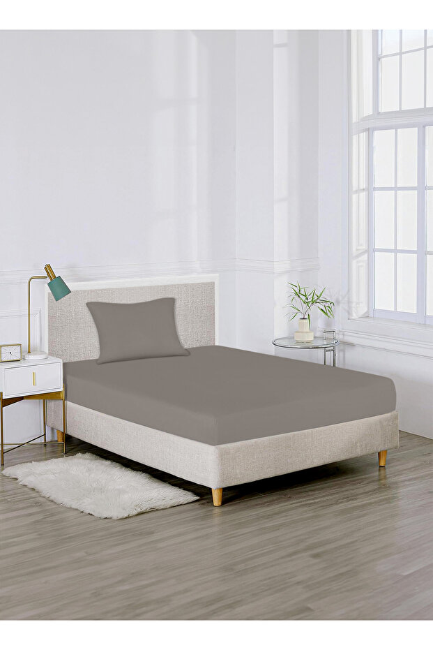 Single Plain Fitted Elastic Bedsheet with 1 Pillow Case 90 x 190 Cm (Grey)