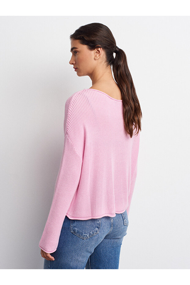 10804 Kayık Yaka Basic Triko Kazak-Pembe - 2