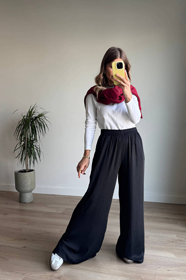 Black Elastic Waist Wide Leg Flowy Satin Pants