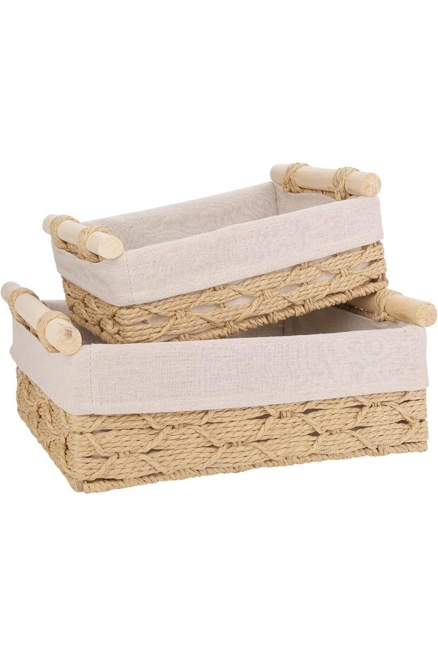 Set of 2 Woven Storage Baskets with Washable Liners, Rectangular Rattan Bins with Handles - 8