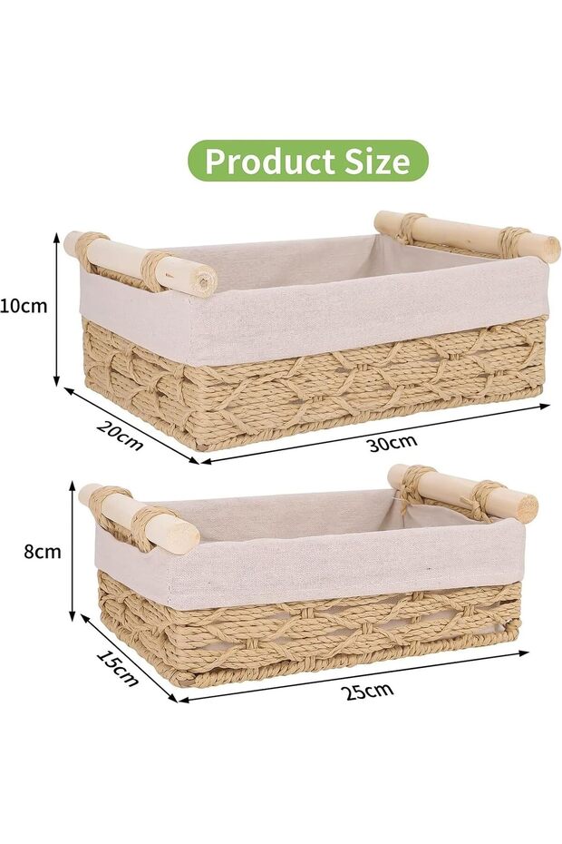 Set of 2 Woven Storage Baskets with Washable Liners, Rectangular Rattan Bins with Handles - 3