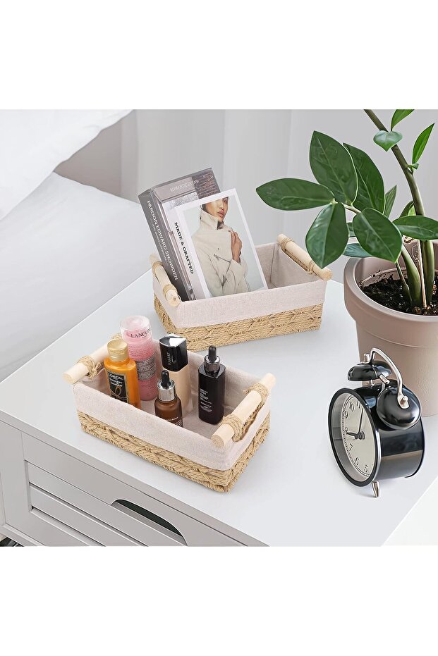 Set of 2 Woven Storage Baskets with Washable Liners, Rectangular Rattan Bins with Handles - 6