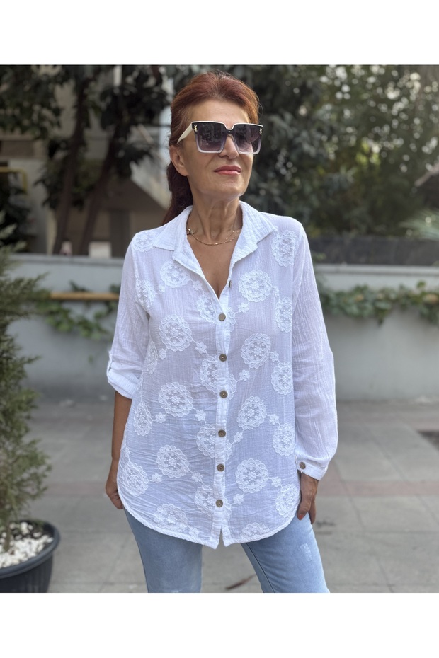 Brode Pattern Shirt White - 1