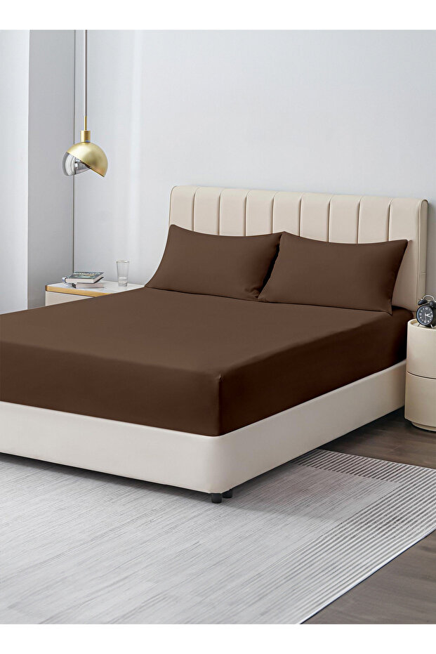 Double Plain Fitted Elastic Bedsheet with 2 Pillow Case 160 x 200 Cm Coffee Brown