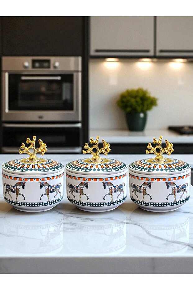 Kitchen Accessory 3-Piece Breakfast Storage Container Spice Rack Herm Horse Patterned Gold - Feray Home