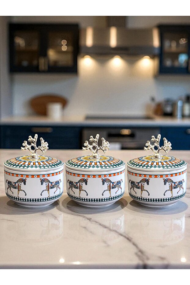 Kitchen Accessory 3-Piece Breakfast Storage Container Spice Rack Herm Horse Pattern Silver - Feray Home