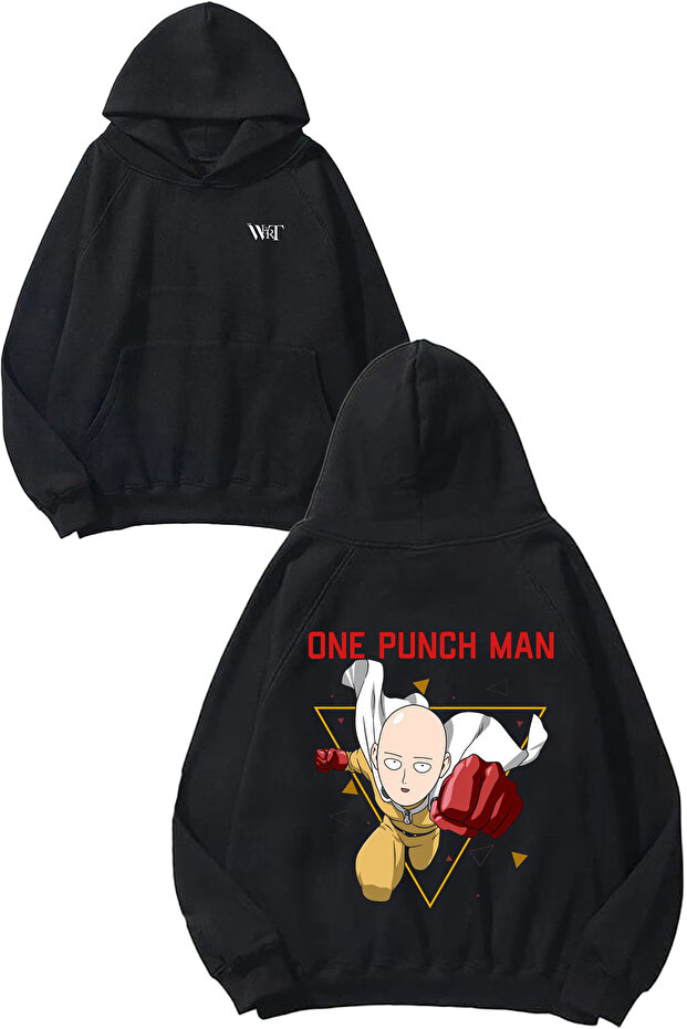 سترة بقلنسوة سوداء مطبوعة على الظهر بتصميم One Punch Man 6