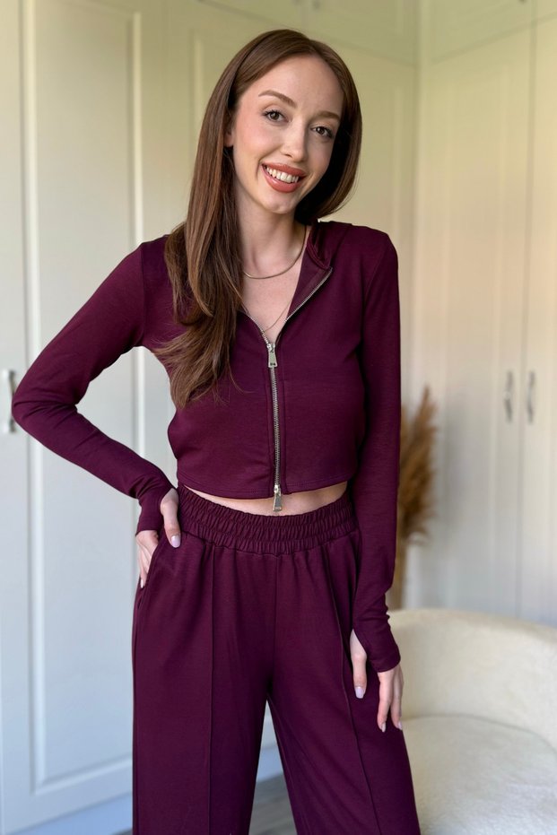 Hooded Zippered Burgundy Crop Cardigan Modal Fabric Set