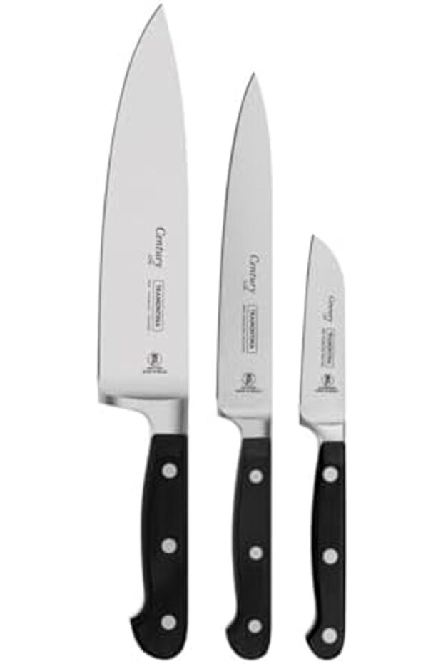 Century 3-Piece Knife Set with Stainless-Steel Blade and Black Polycarboneto Handles