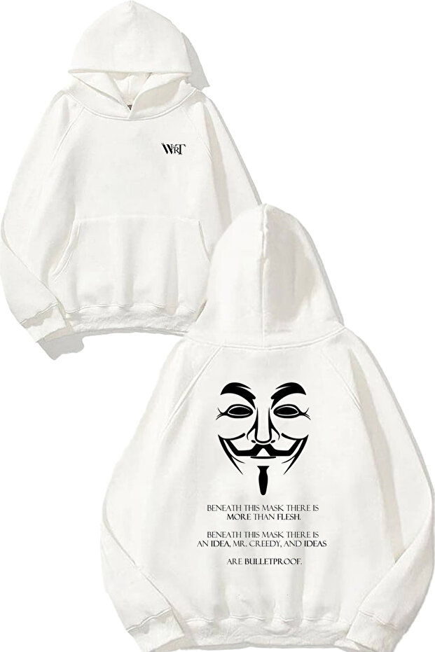 سويت شيرت أبيض بقلنسوة مطبوع عليه تصميم V For Vendetta 4