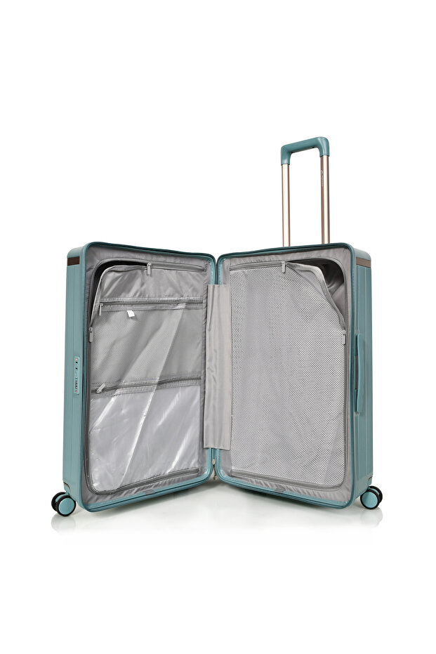 Durable and lightweight four-piece suitcase with four spinner wheels and a numbered security lock. - 8