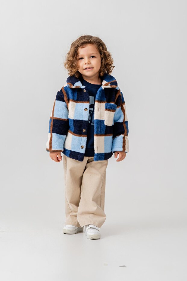 Boy's cotton blue checkered patterned fleece jacket - buttoned with pockets