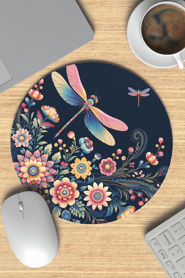 Dragonfly Bird Patterned No:2 Printed Round Gaming Mousepad