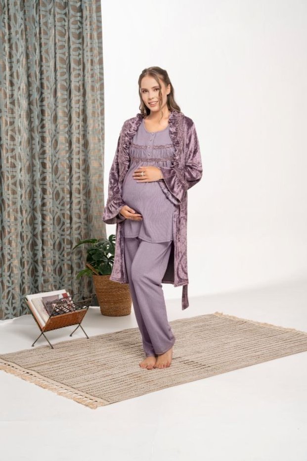 Women's Plum Velvet Flared Sleeve Special Design Lace Maternity Pajama Set