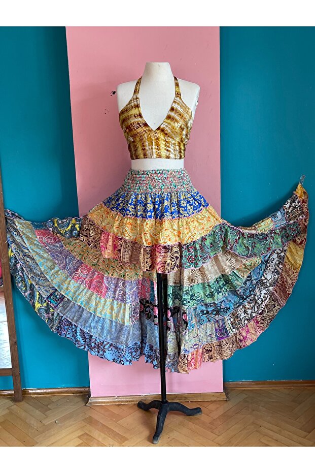 İpek Patchwork Boho Fırfırlı Asimetrik Etek – El Yapımı, Tek Parça, Renkli ve Özgün - 5