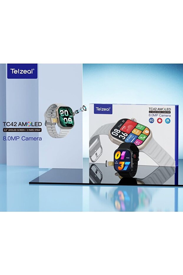 Telzeal TC42 AMOLED 4G 2.2 Inch AMOLED Display Smartwatch with 8MP Camera Sim Card Slot 3 Pair Strap