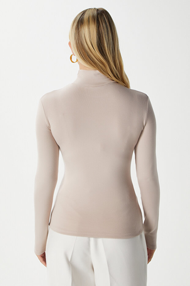 Kadın Feel Lux Touch Dik Yaka Bej Uzun Kol Soft Bluz - 6