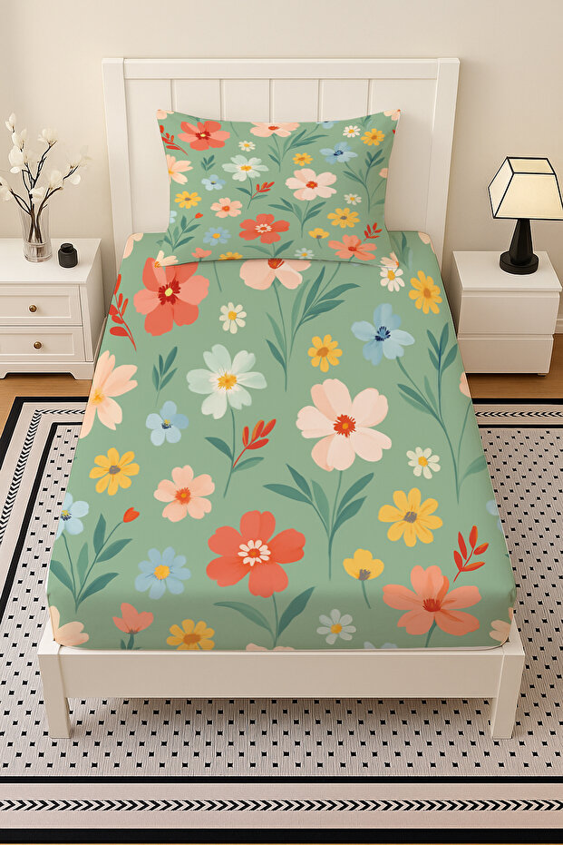 Tiny Flowers Patterned Elastic Single Sheet Set with Pillowcase 100X200Cm - 2