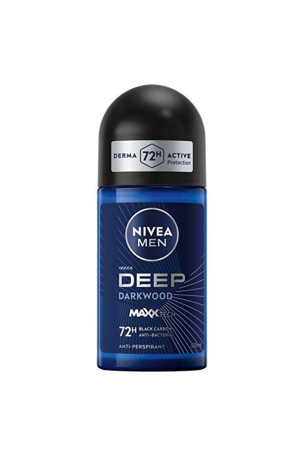 Nivea Deep Black Carbon Antibacterial Dark Wood Scent Antiperspirant Deodorant Roll-On for Men, 50ml