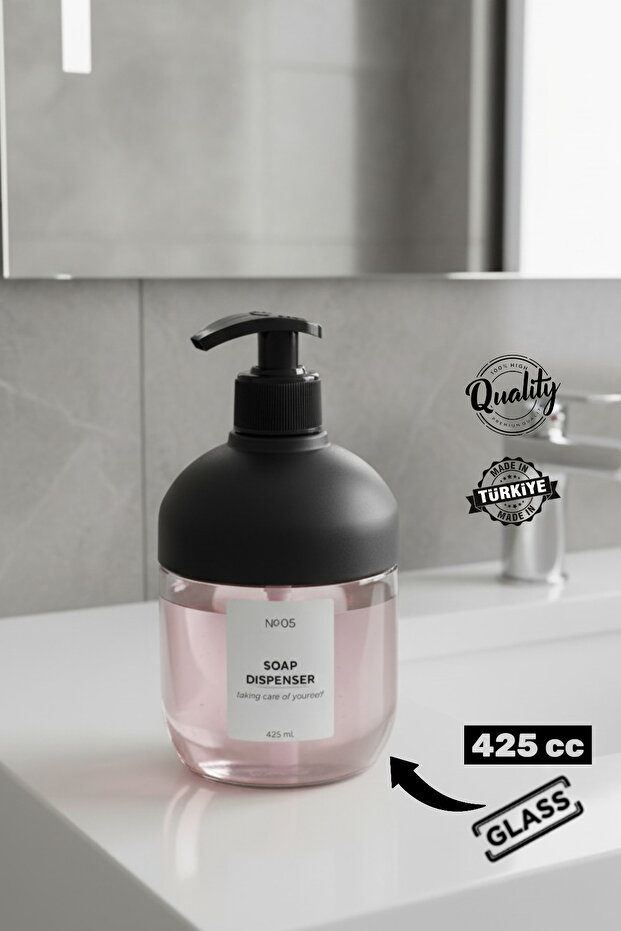 Modern Cam Sıvı Sabunluk ve Deterjanlık Seti Tezgah Üstü Cam Sabunluk Lavabo Deterjanlık 425ml - 1