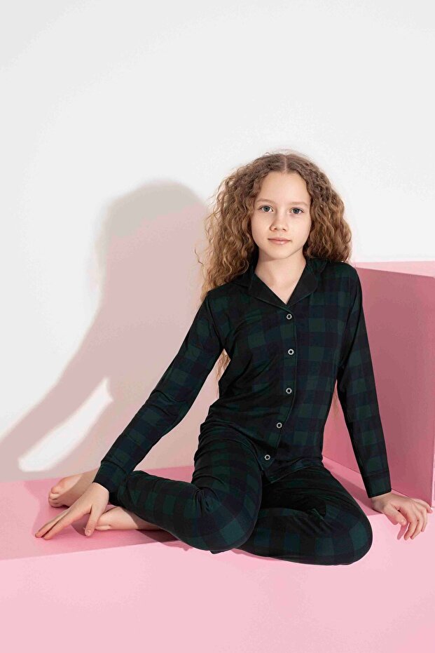 Girl Teenager and Children Square Pattern Long Sleeve Milan Fabric Front Buttoned Seasonal Pajama Set