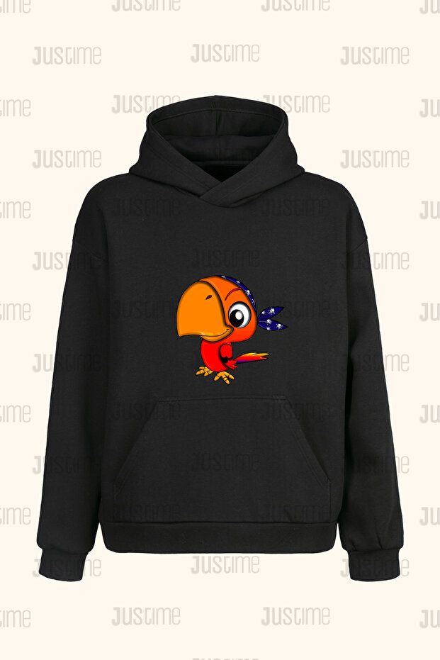 سويت شيرت بقلنسوة بتصميم Bird Front Print للجنسين باللون الأسود مع جيوب - خيطان - هودي