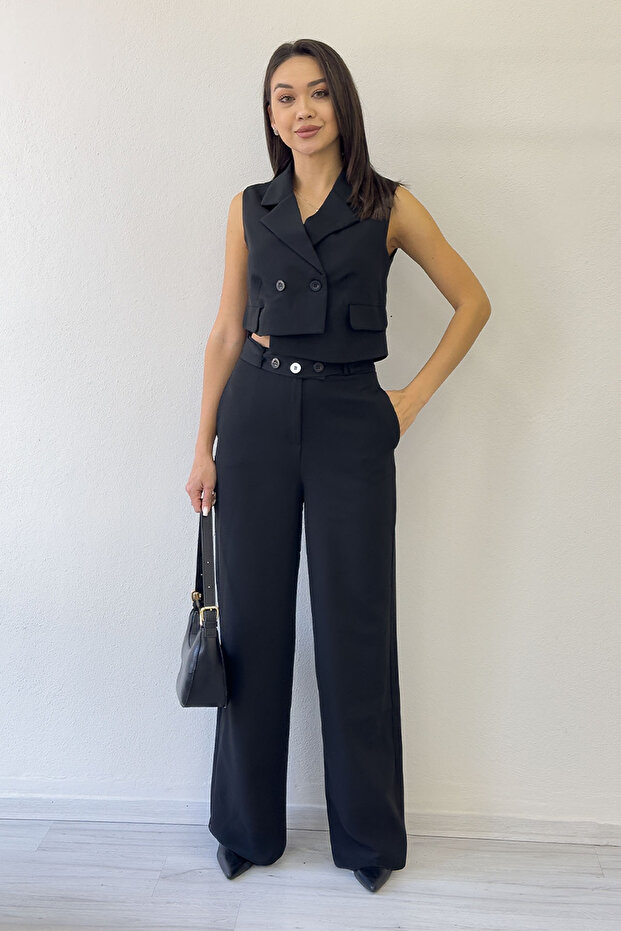 Women's Black Button Detailed Top and Bottom Vest Two-Piece Set