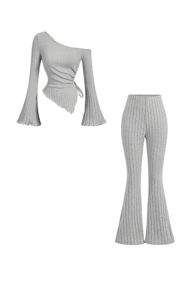 Gray Ribbed Asymmetrical One Shoulder Spanish Sleeve Blouse & High Waist Wide Leg Pants Set