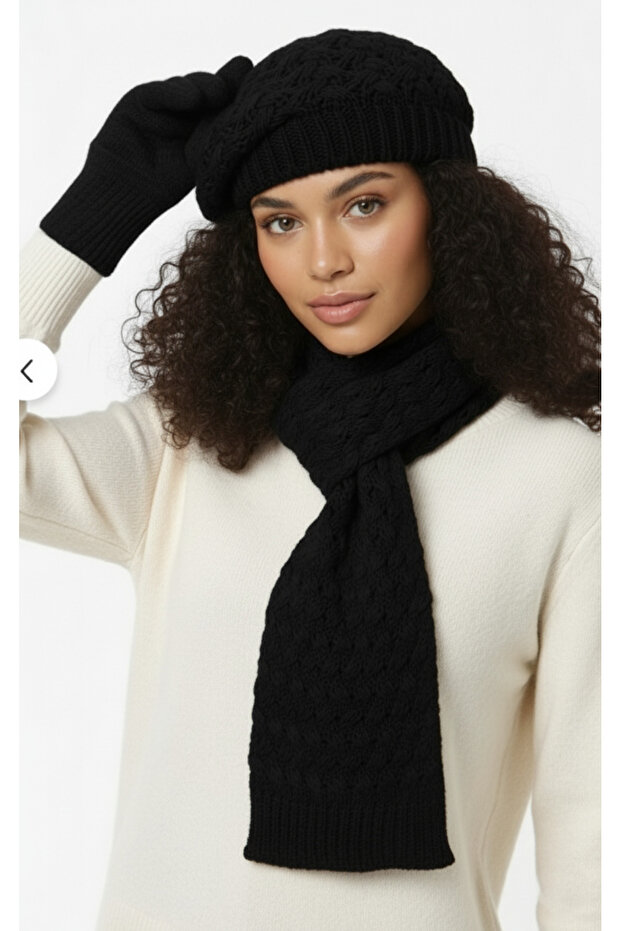 Women's Winter Knitted Beanie, Scarf and Gloves Set