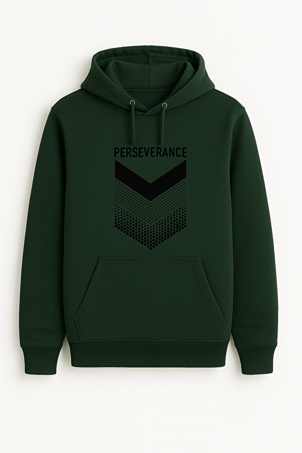 سترة رياضية كبيرة الحجم بقلنسوة وجيب على شكل كنغر مع كتابة 'PERSEVERANCE' على الجهة الأمامية وطباعة هندسية للاستخدام اليومي