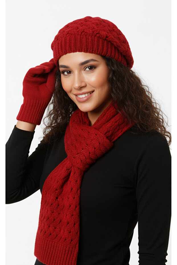Women's Winter Knitted Beanie, Scarf and Gloves Set