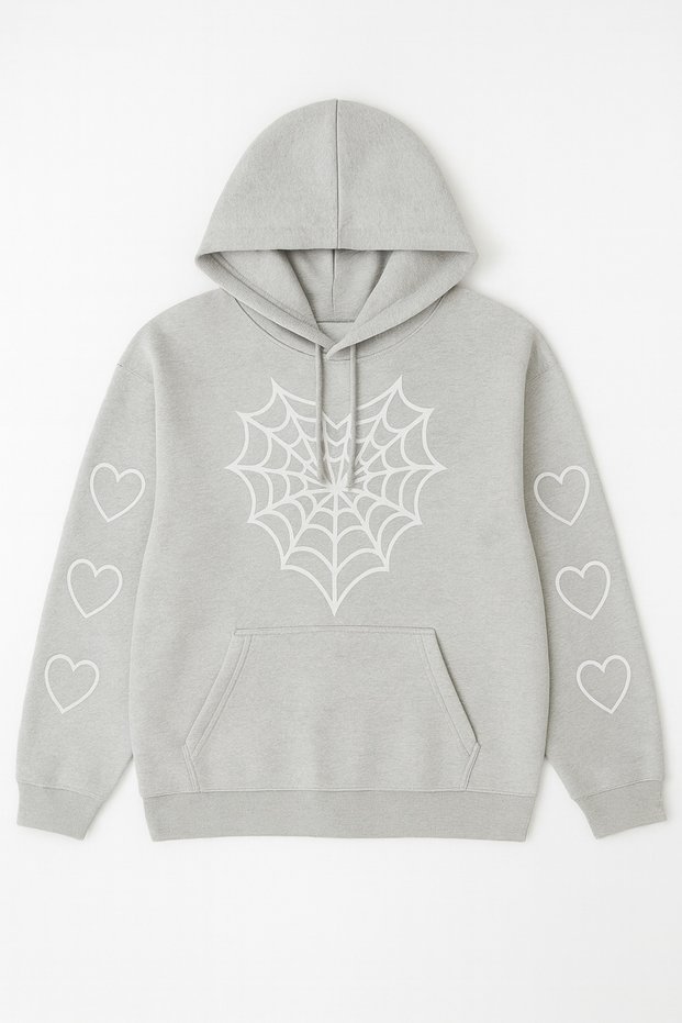 Women's Hooded Sweatshirt – Spider Web Pattern on the Front, Heart Print on the Sleeves Hoodie