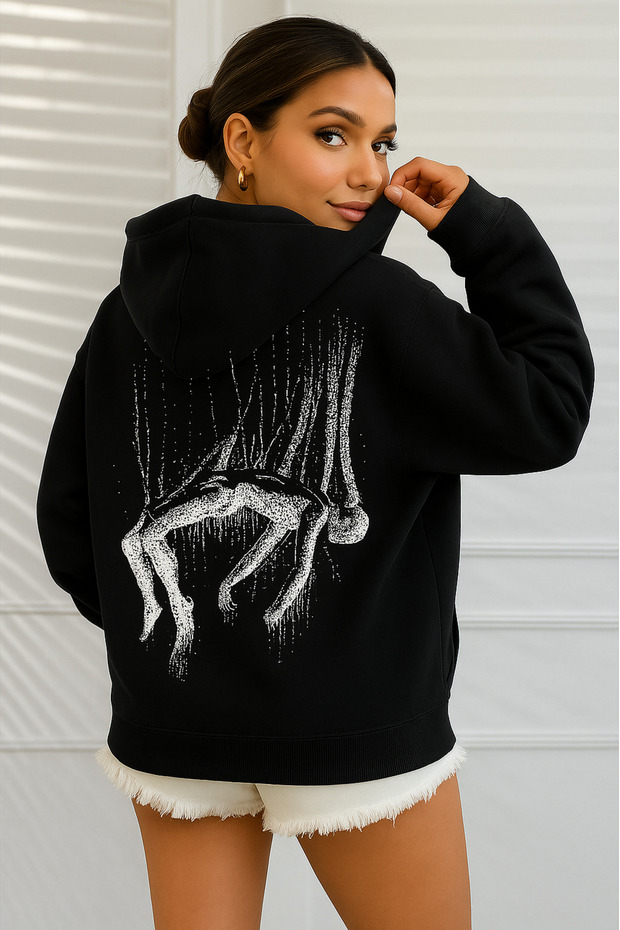 Women's Oversize Hooded Sweatshirt Back Printed Artistic Design Three Thread Kangaroo Pocket