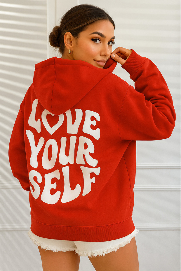 Women's Oversize Hooded Sweatshirt Love Yourself Letter Print on Back Three Thread Kangaroo Pocket