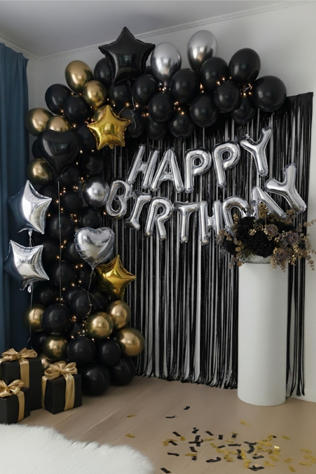 Silver Happy Birthday Foil Balloon Set Black Gold Silver Birthday Party Set Decorations