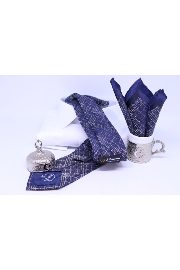 Woven Handkerchief Tie for Men Navy Blue Beige