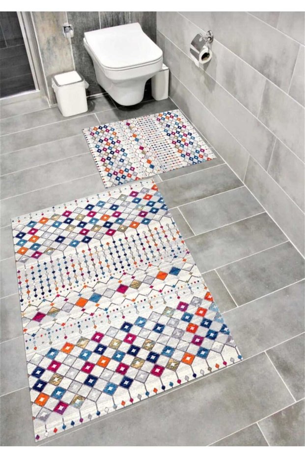 Water-Absorbent Non-Slip Bath Mat Set of 2 with Sponge Filling, Soft-Textured Decorative Set