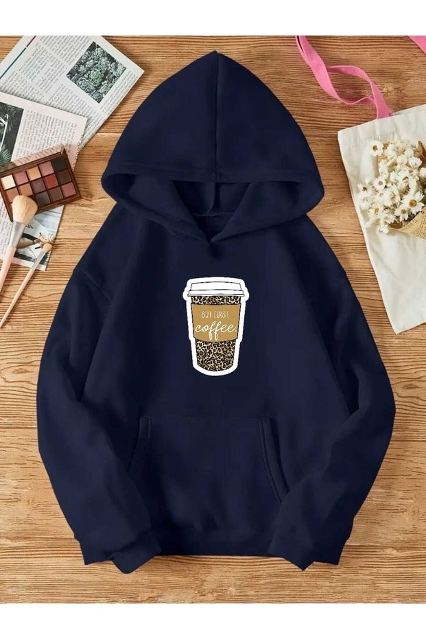 Unisex Trend Oversize Hooded Sweatshirt with Coffee Print Design