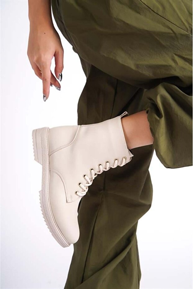 Women's Beige Zippered Lace-up Non-Slip Sole Boots 2306