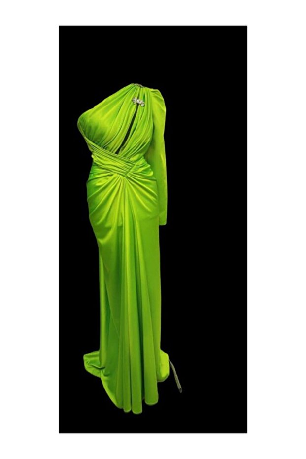 Rochie Elegantă Lungă Verde Lime, , Rochie de Eveniment / Nașă / Gală - 3