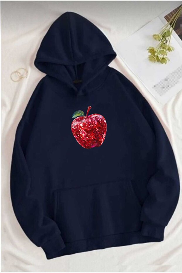 Unisex Trendy Oversized Hooded Sweatshirt with Sequin Apple Print Design