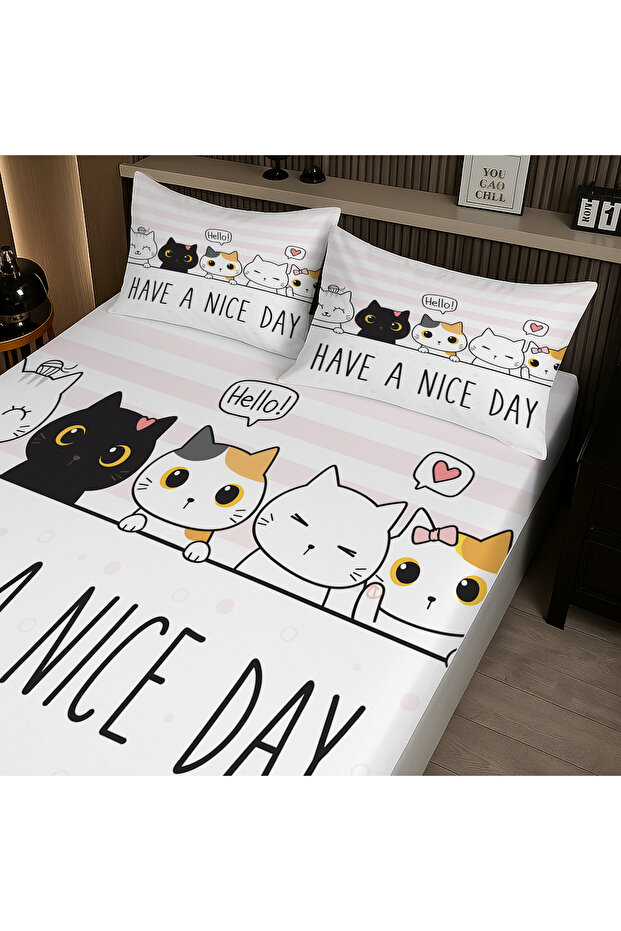 Tiny Cat Patterned Elastic Double Bed Sheet Set with Pillowcases 160X200Cm - 2