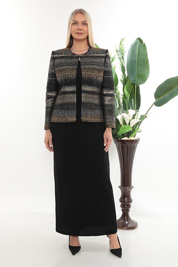 Jacket with Stone Detailing, Lined Jacquard Jacket, Sleeveless Blouse Inside, Long Skirt, Three-Piece Set